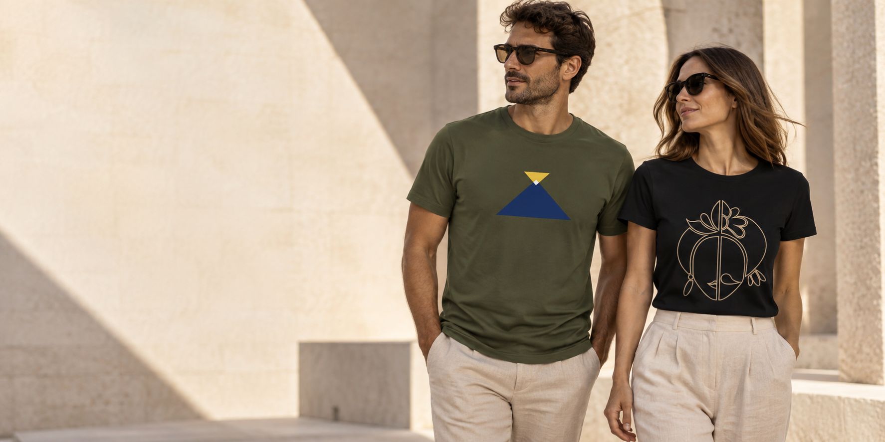 Uomo con T-shirt Etna verde e donna con T-shirt Teste di Moro nera